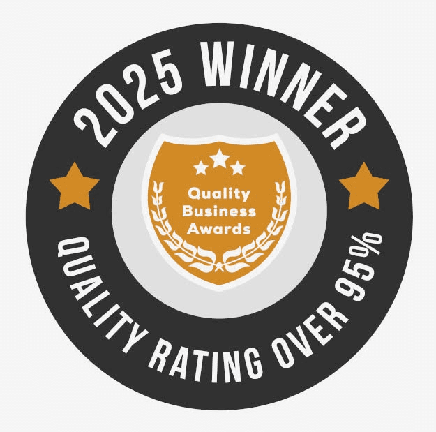2025 Quality Business Awards winner seal: shield with stars and a laurel wreath, quality rating over 95 percent