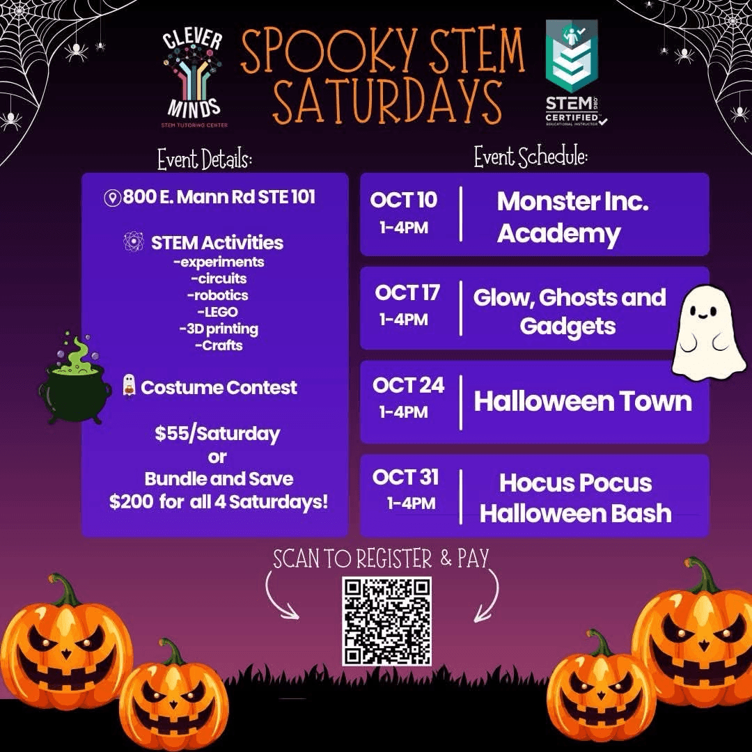 Clever Minds Spooky STEM Saturdays flyer with October event dates, STEM activities, pricing and registration QR code